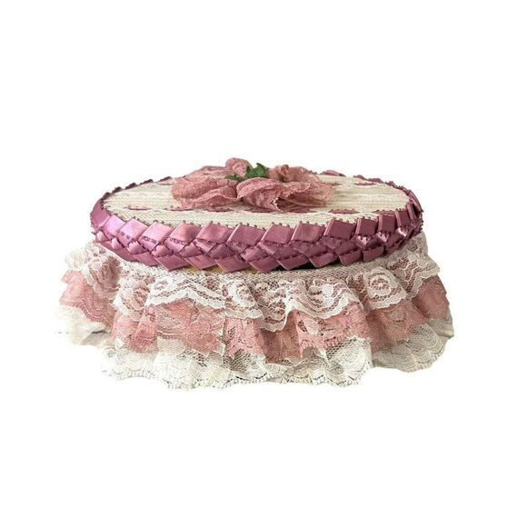 Victorian Handmade Lace Sewing Notions Trinket Box Jewelry VTG 8" Granny Core - Picture 1 of 12